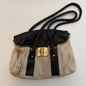 BS Makowsky Leather‎ Satchel Shoulder Bag Tan Black Designer Handbag Purse